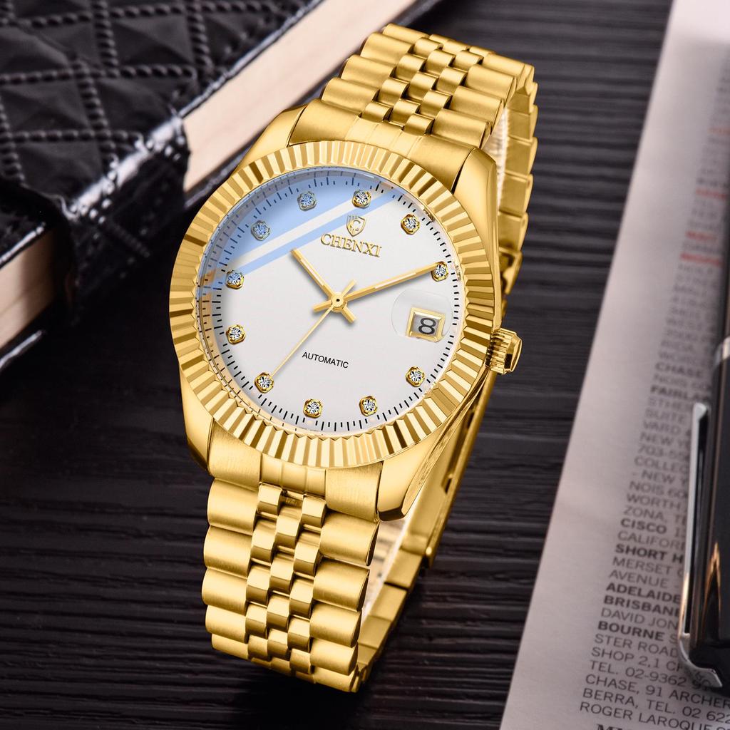 CHENXI Goldene Mechanische Uhr mit Stahlarmband - 8804A Modischer Trendsetter Business-Zeitmesser