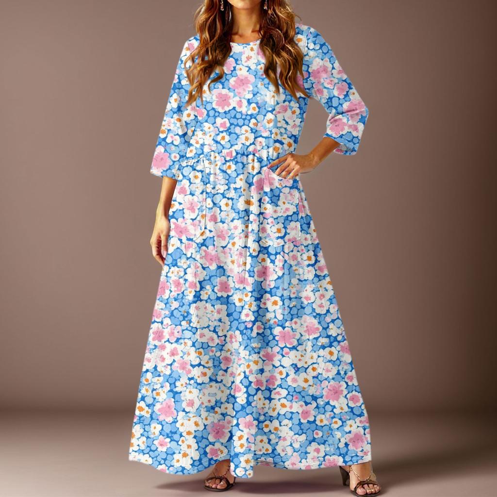 Damen Freizeitmode Blumenmuster Dreiviertelarm Langes Kleid mit Taschen