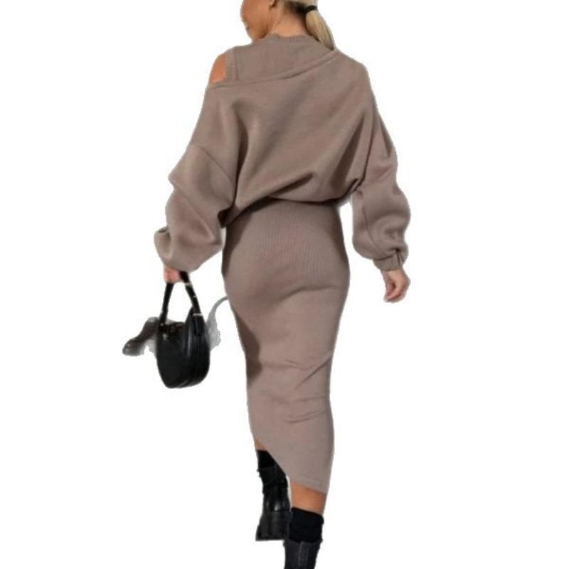 New Fall/Winter Women's Loose-Fit Off-the-Shoulder Batwing Sleeve Sweatshirt Tank Top and Maxi Dress Set