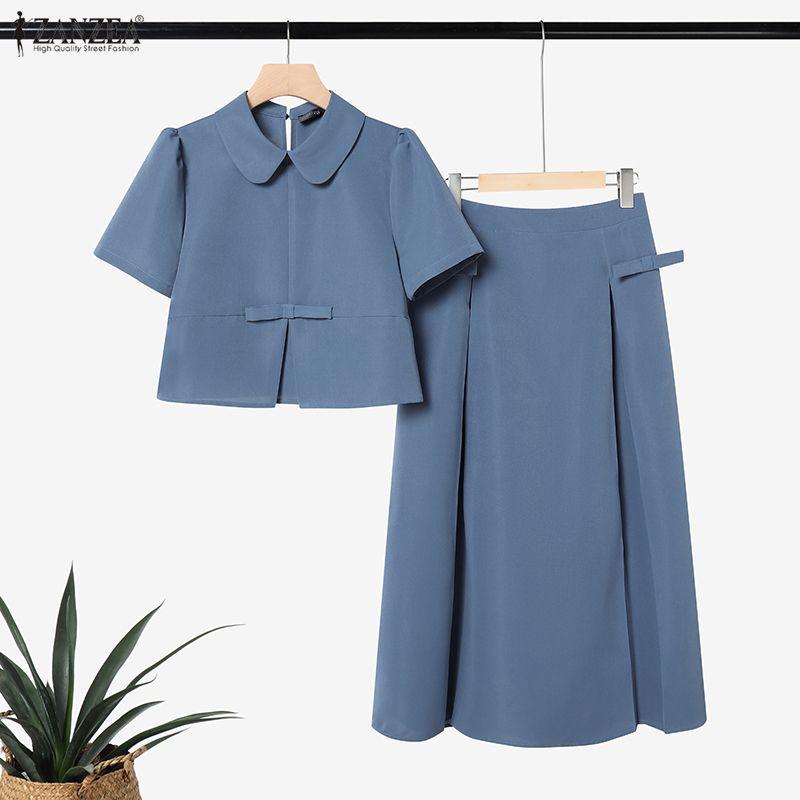 ZANZEA Women Short Sleeve Blouse and Midi Skirts Casual Two Piece Suit Sets