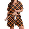 Women's Casual Loose Fit Two Piece Set Short Sleeve Top and Drawstring Shorts Plus Size Plaid Pattern Lounge Wear Sleepwear