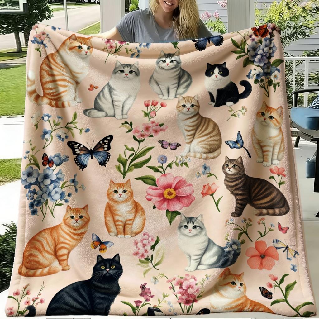 Cat, Floral, and Butterfly Art Pattern Decorative Throw Blanket for Sofa, Bed, Living Room, and Home Space Styling
