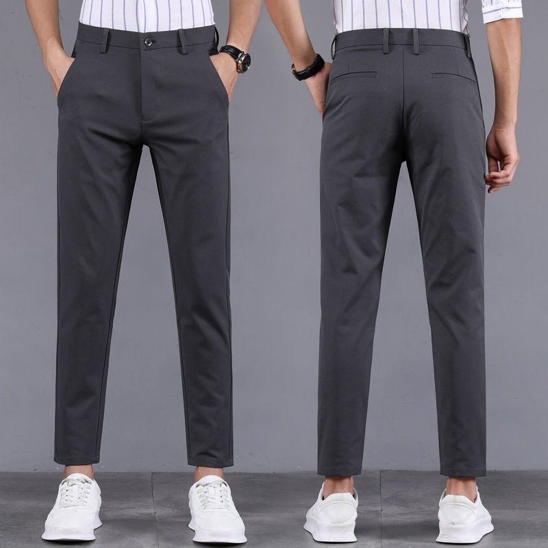 Summer ice silk nine-point trousers men's air-conditioning pants trendy slim-fitting small foot suit casual summer pants thin