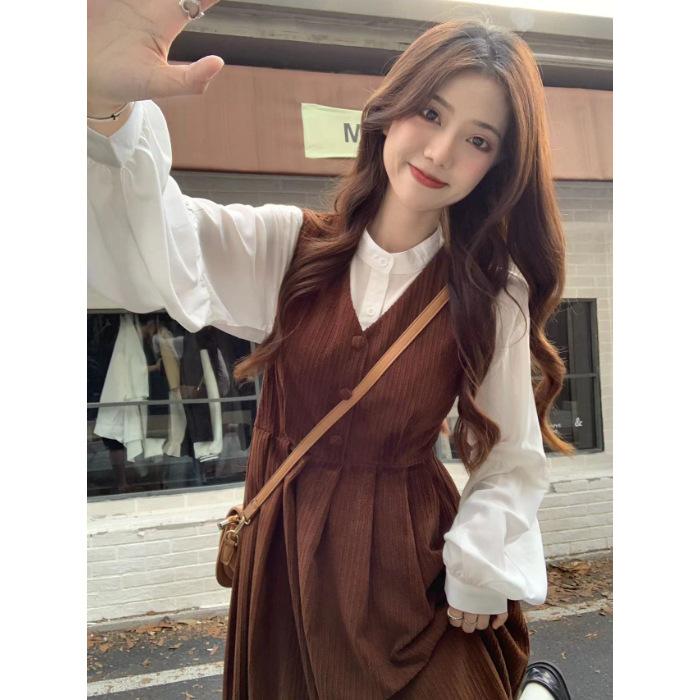 Early autumn dress strap two-piece set Japanese college style suit skirt women s autumn and winter new long dress S