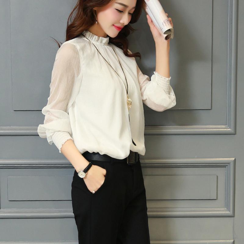 Lace Chiffon Shirt for Women Long-sleeved Shirt Ruffled Shirt Sexy Plus-size Top with Stand Up Collar