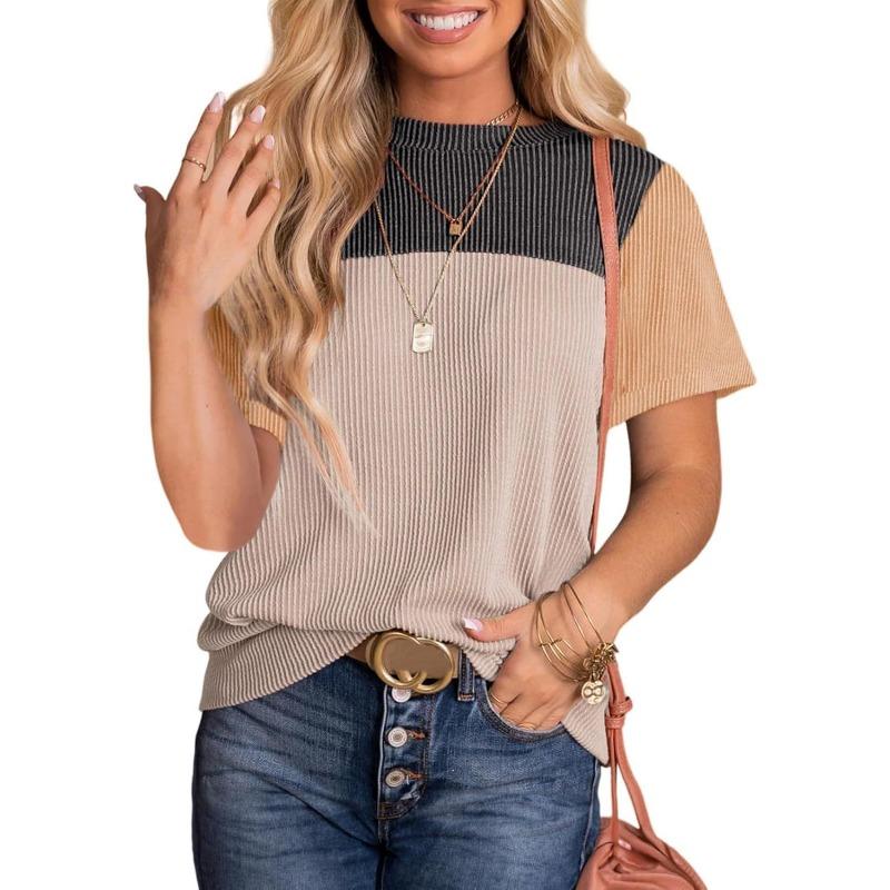 Women Color Block Striped Pullover Short Sleeve Crew Neck Casual T Shirt Top