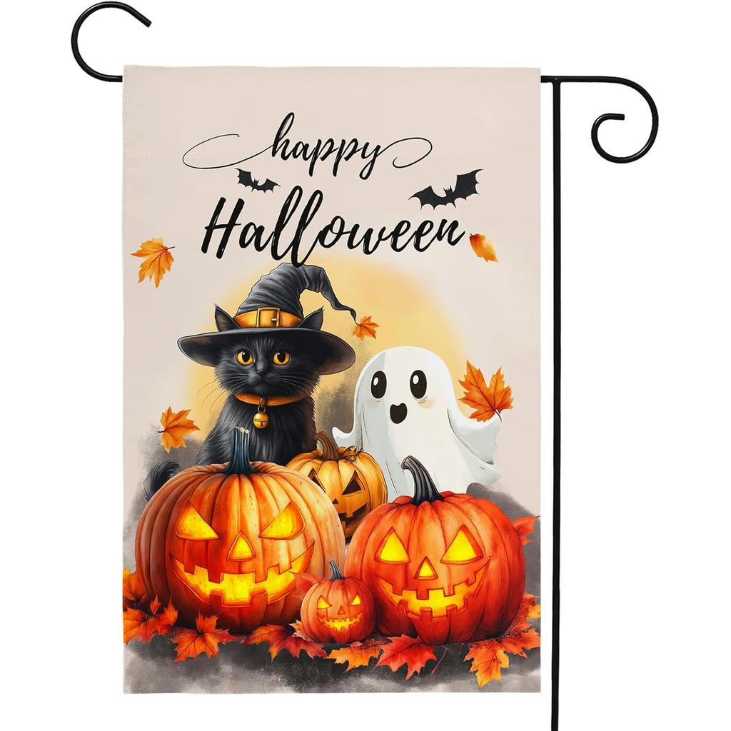 Happy Halloween Garden Flag 12x18 Double Sided Standerd Pumpkin Cat Small Yard Flags for Outside Vertical Farmhouse Holiday Decor