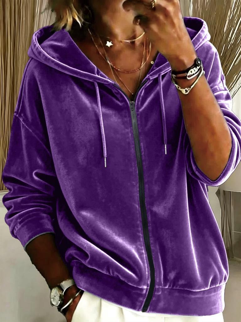 New European and American Casual Solid Color Velvet Drawstring Hooded Zipper Long-sleeved Women's Sweater