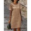 Women Lace Blouse Loose Dress Summer Female O-Neck Short Sleeve Lace  Cotton Linen Mini Party Dresses