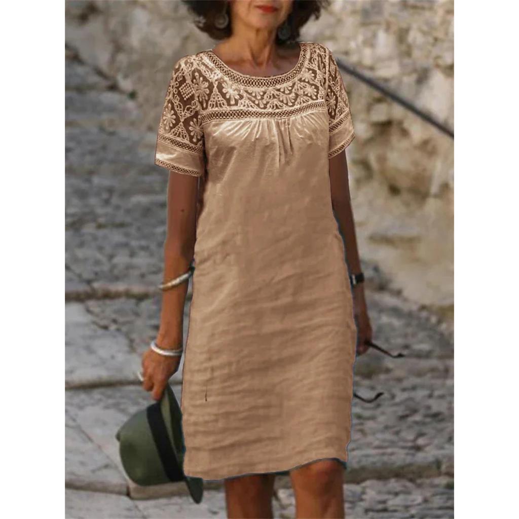 Women Lace Blouse Loose Dress Summer Female O-Neck Short Sleeve Lace  Cotton Linen Mini Party Dresses