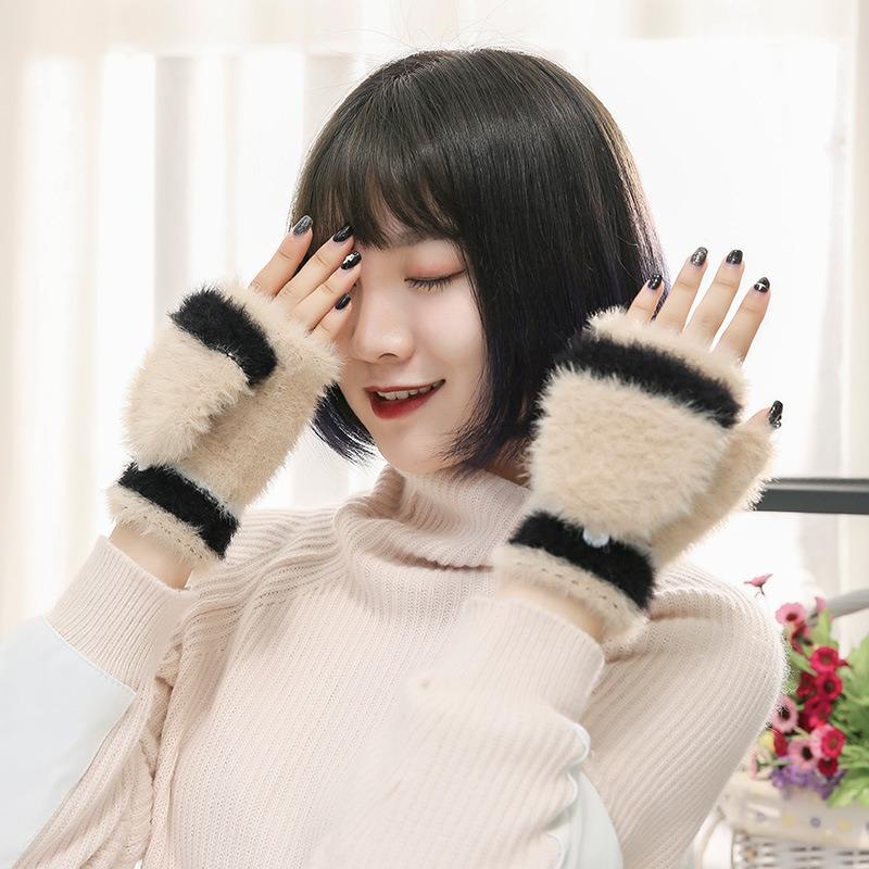 New Flip Gloves, Autumn and Winter Color Matching Mink Velvet Thickened Half-finger Thermal Gloves