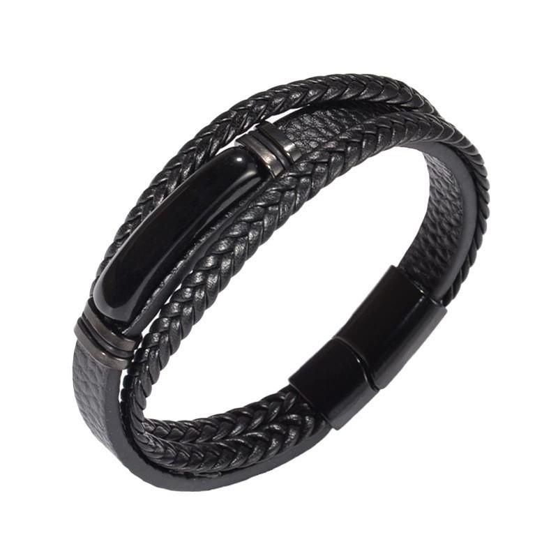 Mens Multi-Layer Leather Bracelet With Tigers Eye Stone Magnetic Clasp Geometric Style Unisex Jewelry