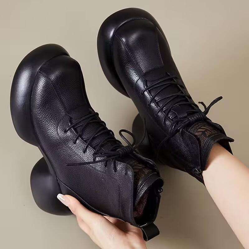 2025 autumn and winter soft leather retro solid color zipper boots plush short tube middle heel fashion boots thick heel mother shoes round head