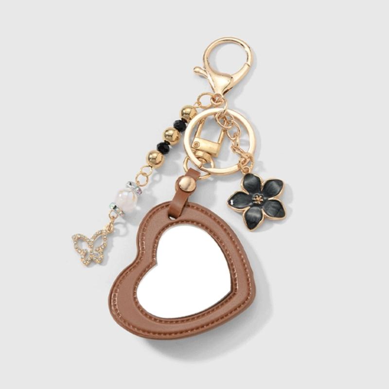 Vintage Leather Keychain Handmade Heart Braided Rope Mirror Charm DIY Accessory Sturdy Leather Key Holder