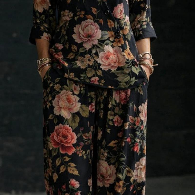 2026 Spring and Summer New Women's Clothing, European and American Minimalist Temperament Loose V-neck Diagonal Button Shirt Wide-leg Pants Two-piece
