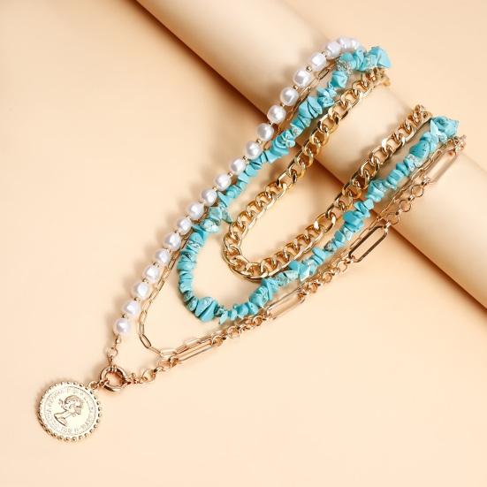 Boho Layered Turquoise Necklace Pearl Beaded Paperclip Metal Chain Necklace Circle Choker Necklace Jewelry for Women Girls