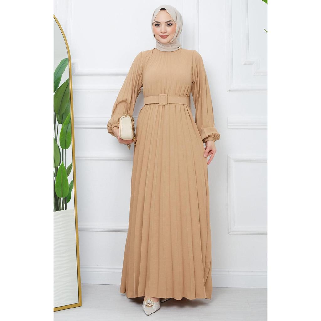 Belted Pleated Aerobin Dress Khaki Hm2339