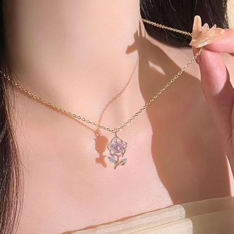 Gentle rose necklace, small pink flower collarbone chain, sweet and luxurious, niche design, women's party clothing accessories, gifts