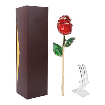 Fleur Rose Dorée Rouge 24K avec Base Cadeau Décoration pour Saint-Valentin Anniversaire