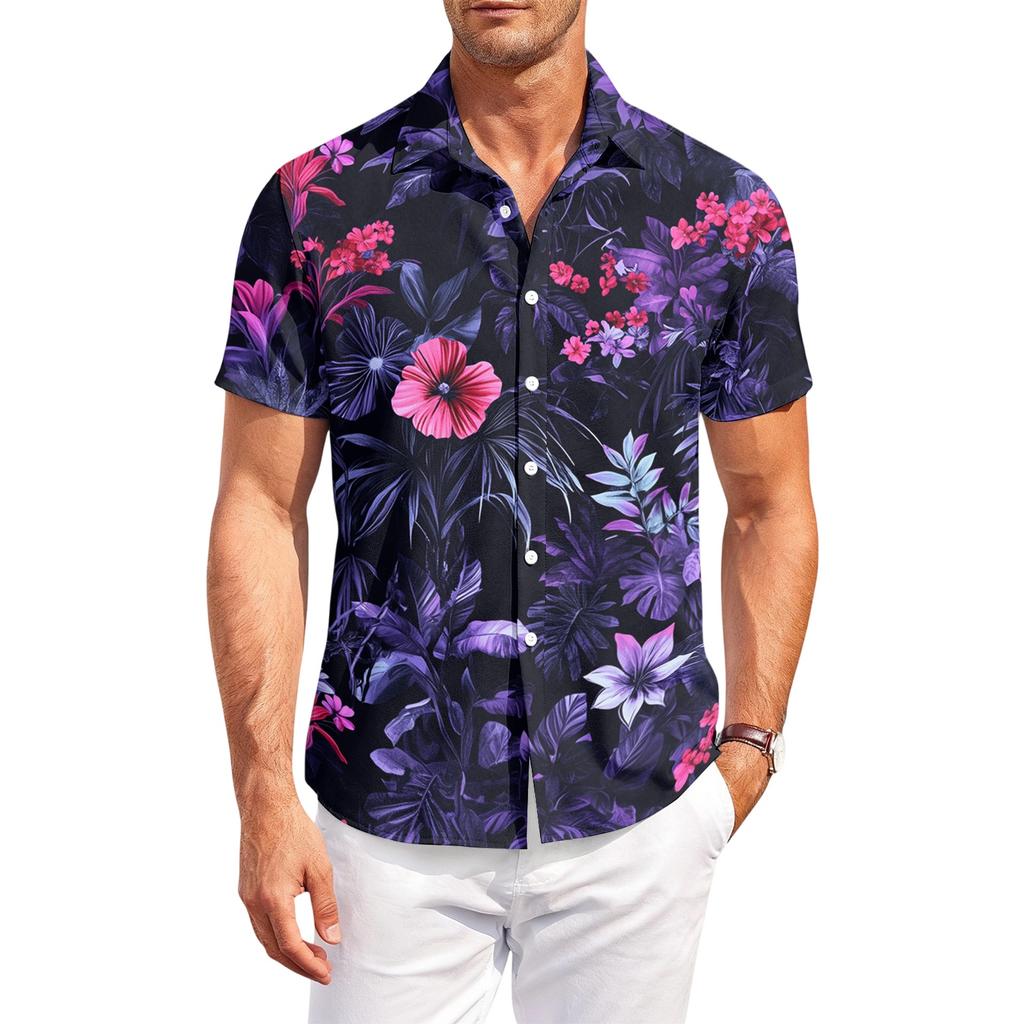 Men's Short Sleeve Button Down Shirt with Hawaiian Print Collared Casual Outdoor Fit Lightweight Top