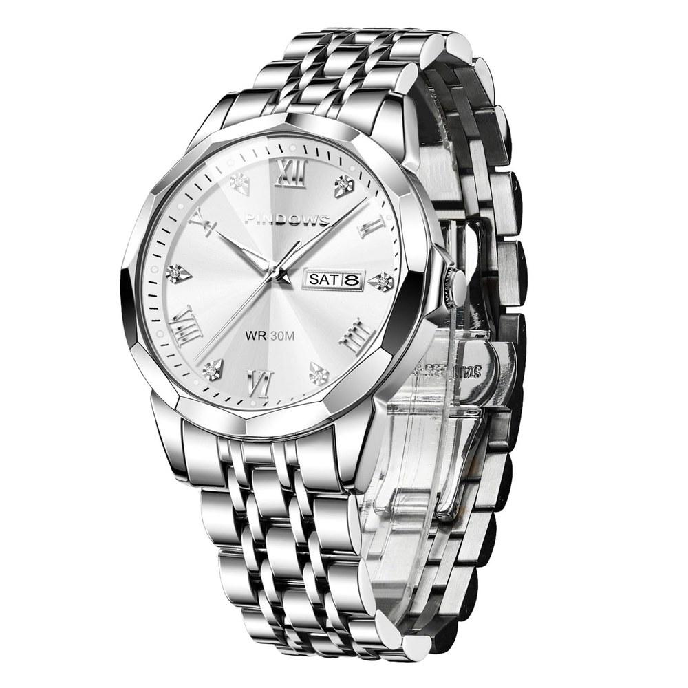 PINDOWS Men's Analog Quartz Watch with Day Date Display Stainless Steel Band Daily Life Water Resistance