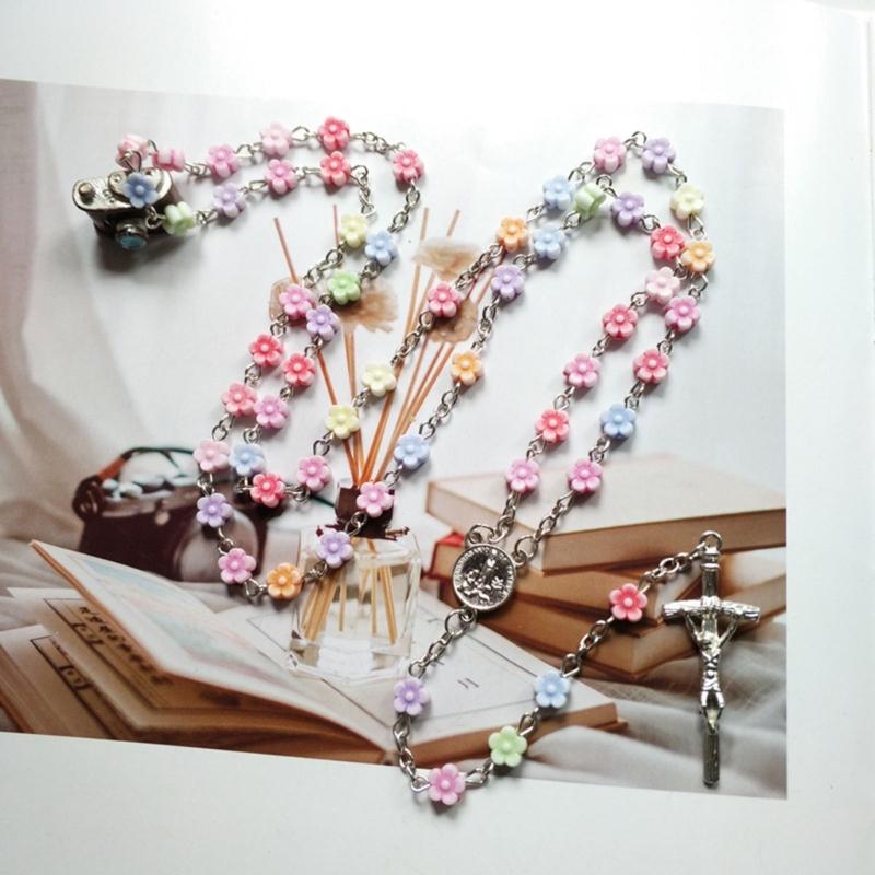 Rosary Crystal Bead Necklace Catholic Rosary Bead with Metal Crucifix Religious Jewelry for Women Flower Beaded Necklace
