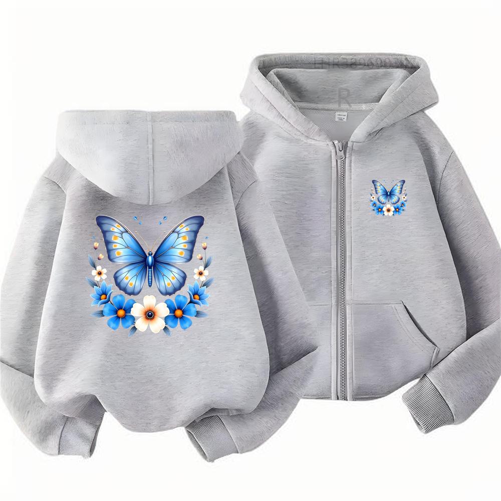 Butterfly Flower Girl Pink Hoodie Zip Up Cardigan Tops Black Hoodies 3-12 Year Zipper Style Children Red Autumn Coat