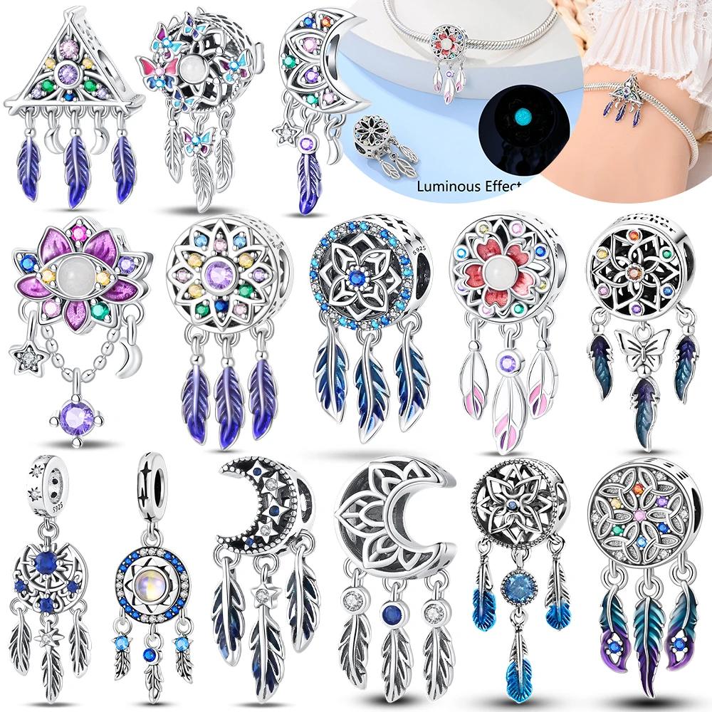 Authentic Charm Blue Dreamcatcher Butterfly Pendant Feather Moon Bead Compatible With Bracelets copper Women Jewellery Accessory Fine Gift
