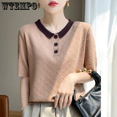 T-shirt d'été en tricot de soie glacée pour femme, col POLO, manches courtes, couleur contrastée, haut polyvalent pour femme