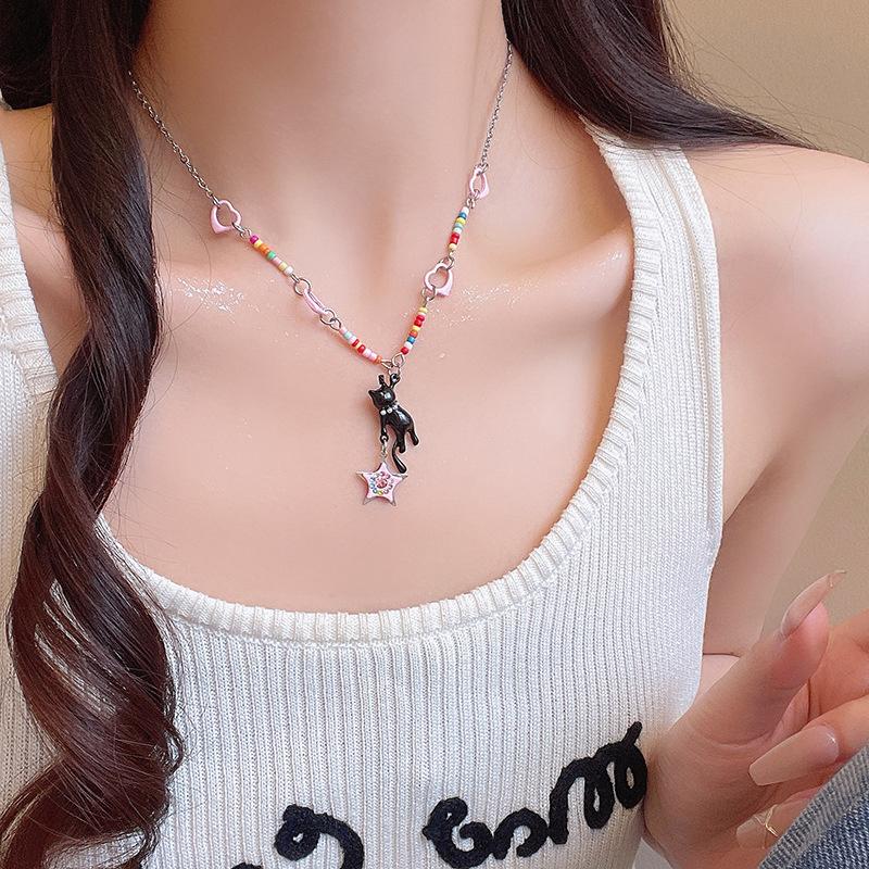Kitten Pink Star Pendant Beaded Necklace Y2K Cute Sweet Cool Ins Style Clavicle Chain Girl Choker Jewelry Accessories Party Gift