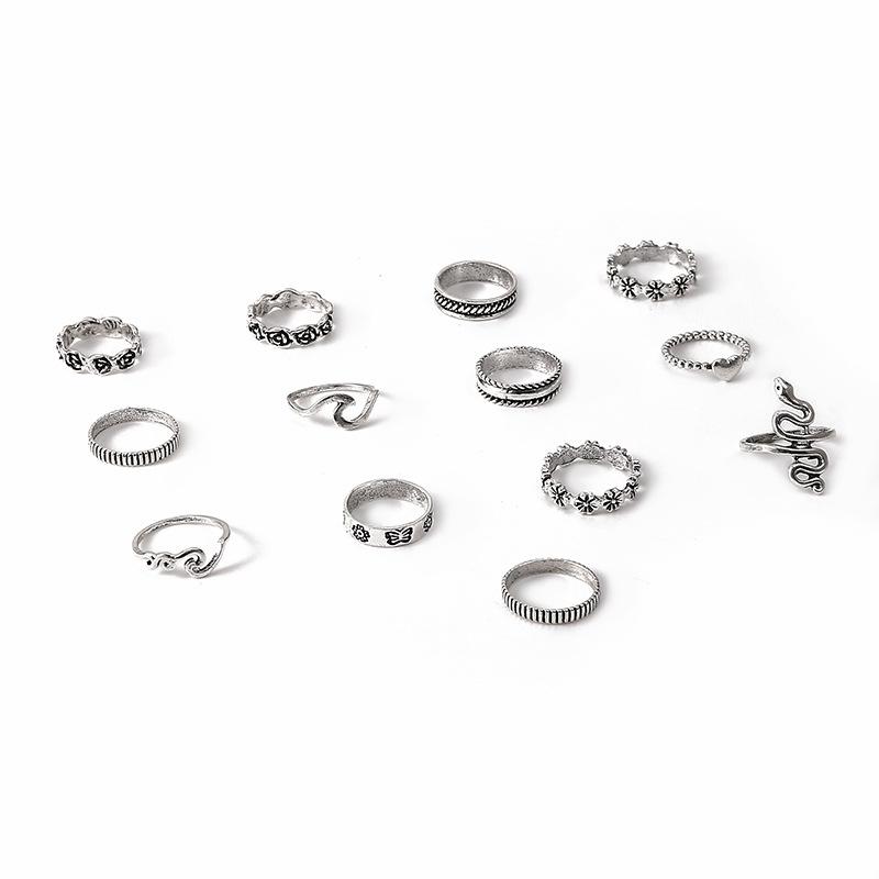 Jewelry Exaggerated Snake Shape Flower Heart Geometric Ring Joint Ring Thirteen-piece Set