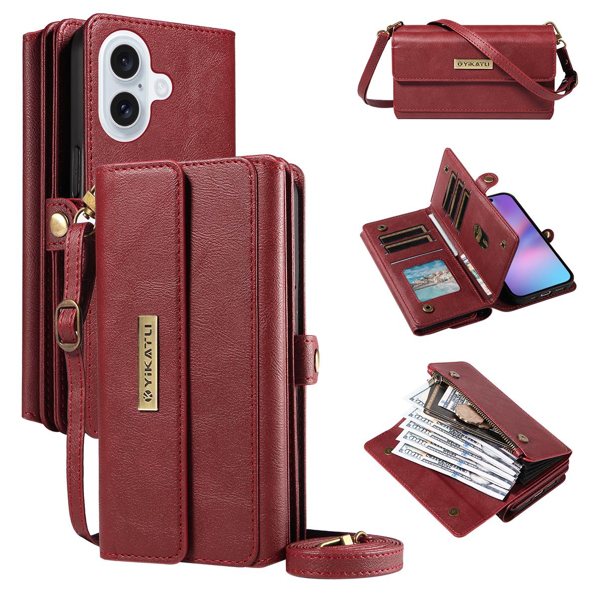 

For iPhone 17 Case YIKATU YK-008 Zipper Wallet Leather Phone Cover with Shoulder Strap Red