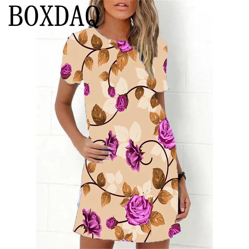 Blue Flower Print Women Dress Elegant Sweet Casual Short Sleeve Loose A-Line Dress Oversized Summer Beach Dress Female Sundress