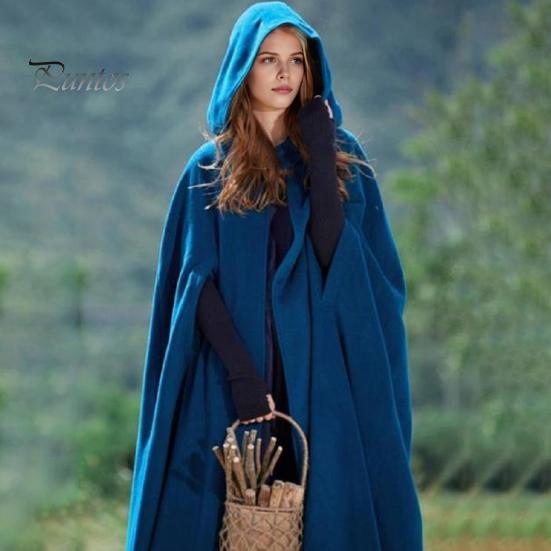 Winter Women Jacket with Hood Medieval Retro Cape Gothic Keep Warm Shawl Ankle Length Loose Cloak Thick Single-Button Closure Outdoor Poncho Pirate