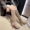 Taglia 35-41 Stivali Sexy Al Ginocchio da Donna Stile Britannico Nero con Tacco Pieghettati Moda Pelle Stivali Lunghi da Donna Bottes Femmes