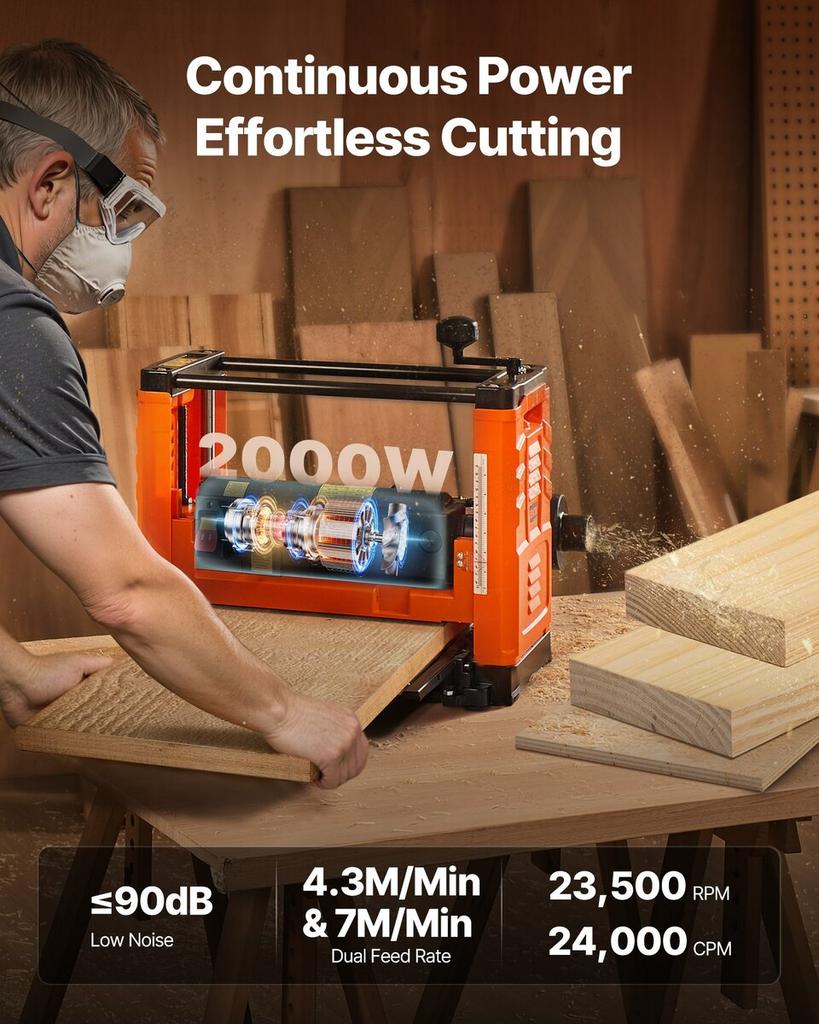 Thickness Planer, Two Speed, 330 mm Width Worktable Power Benchtop Planer, Three-Blade, 2000W 23500 RPM Powerful Motor, Dual Rollers, Over Protection,