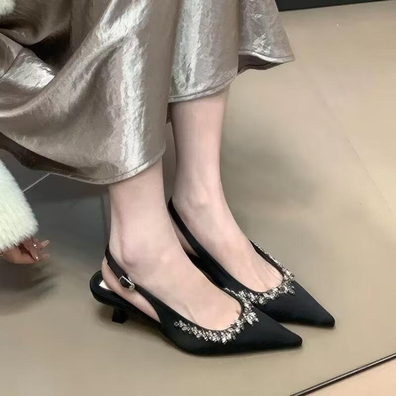 Tide brand new spring and summer nude pointed rhinestone high-heeled sandals women's rear air shallow mouth bag head single shoes niche