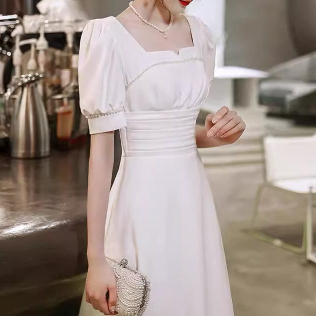 French White License Registration Dress Can Be Worn At Ordinary Times, Summer Thin Bubble Sleeve Square Collar Medium and Long Dress