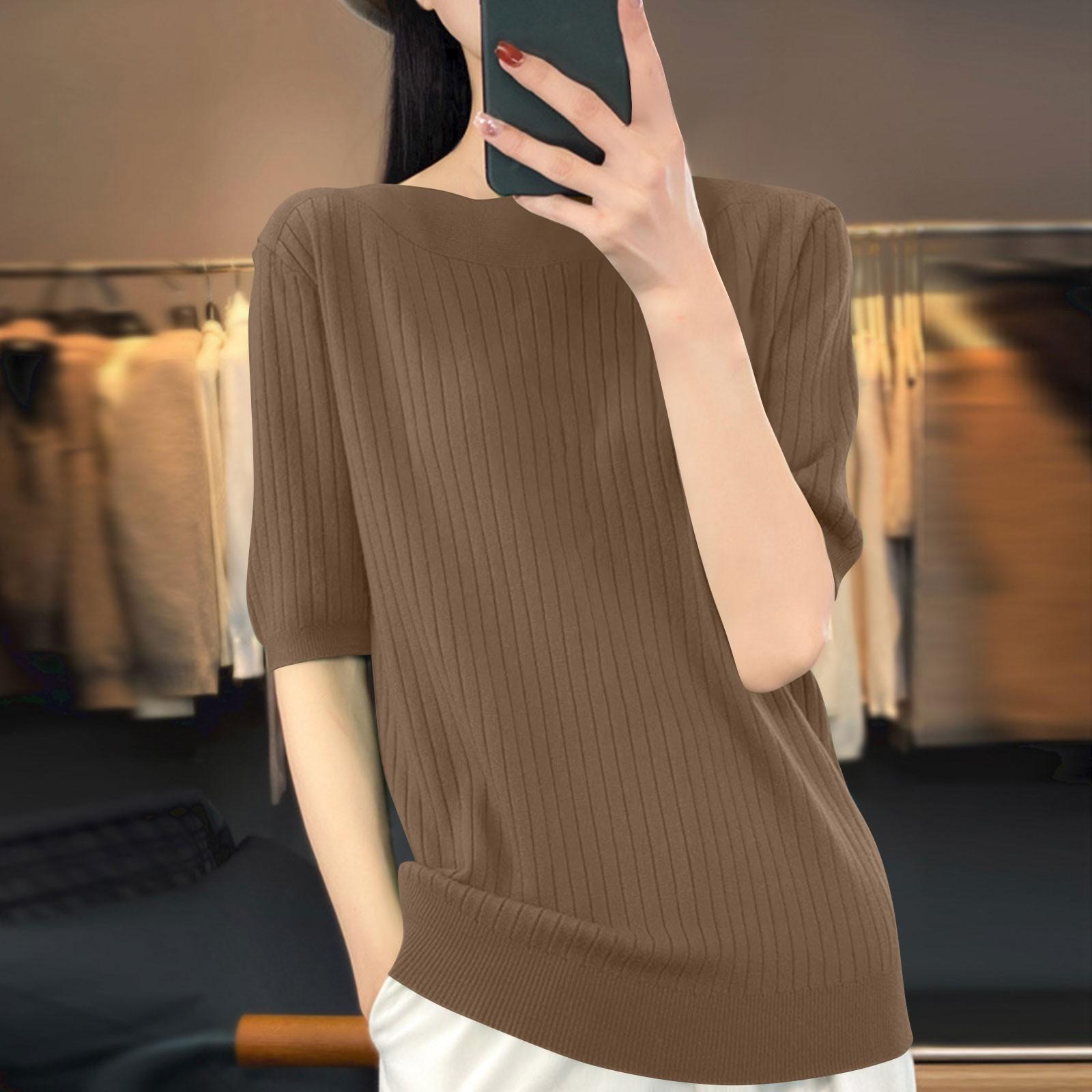 

Women s Fashion Loose Knit Sweater Bottom Shirt Round Neck Pullover Half Sleeve Solid Color Top XXL коричневый