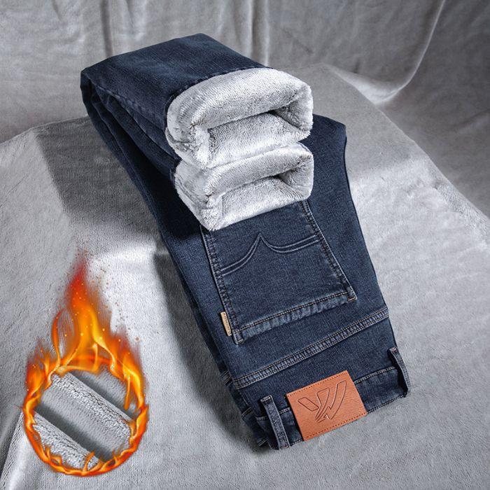 Jeans Autumn and Winter Fleece Thickened Jeans Loose Straight Retro Versatile Elastic Business Casual Pants