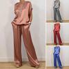 Women Summer Satin Lounge Sets Short Sleeve Crew Neck Top And Wide Leg Pants Set Casual Vacation 2 Piece Outfits