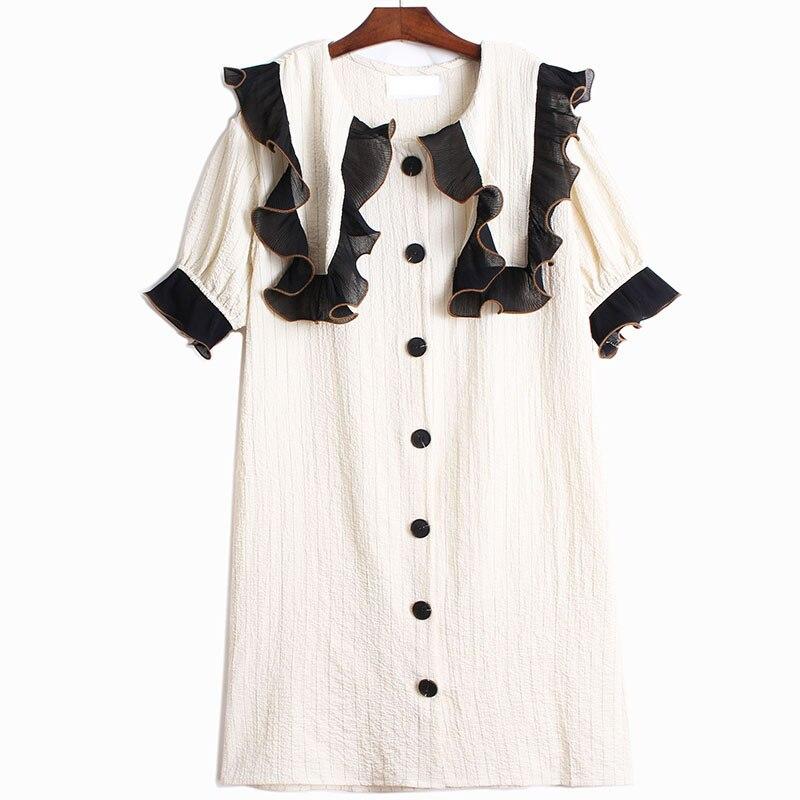 Xitao Patchwork Striped Ruffles Dress Women Clothes Fashion Ruffled Collar Half Sleeve Vintage Dresses ZY4131