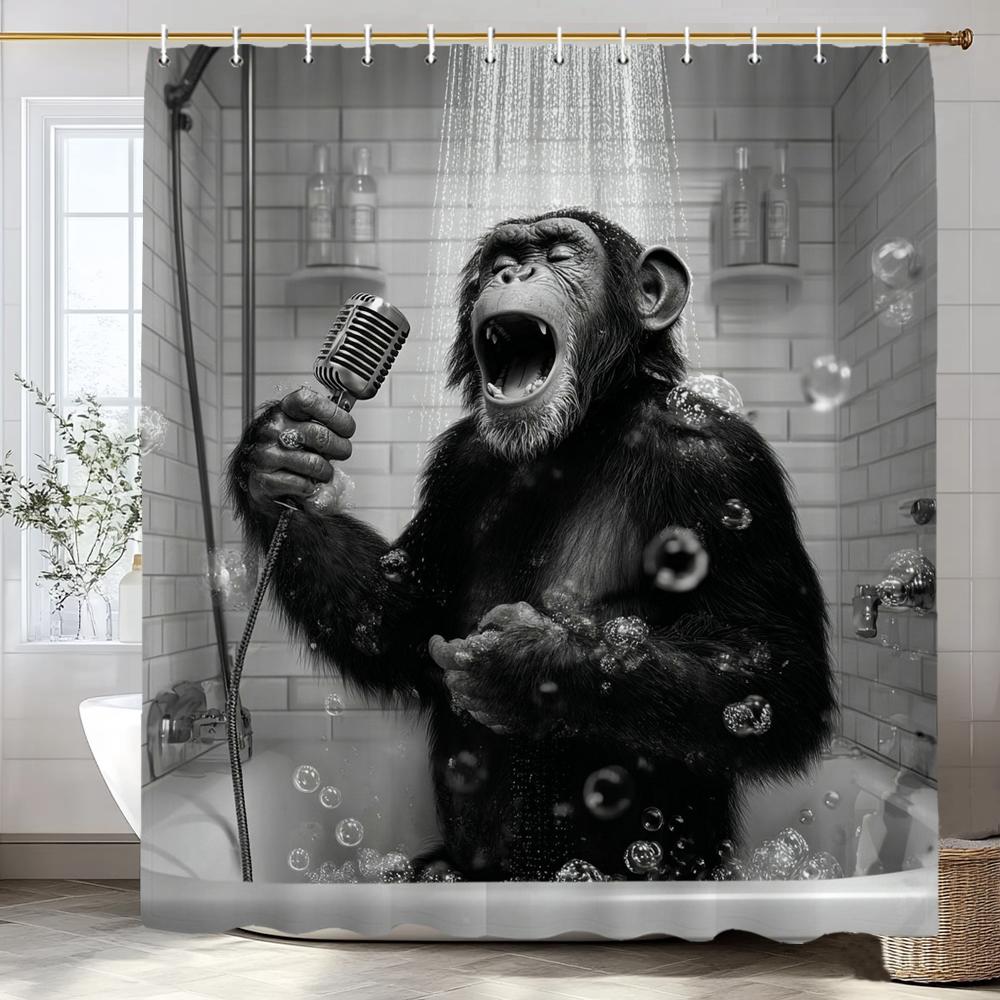 Funny Monkey Black and White Fun Animals In Bathtub Shower Curtain, Bathroom Decorative Shower Curtain,with Hooks