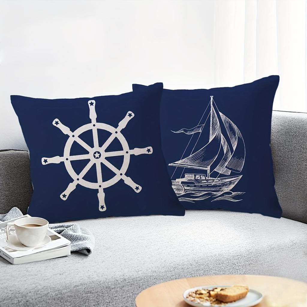 1/4 Stück Marineblaue Kissenbezüge mit Meeresmotiv und Designs von Steuerrad, Kompass, Anker und Segelboot Sofakissenbezug Heimdekoration