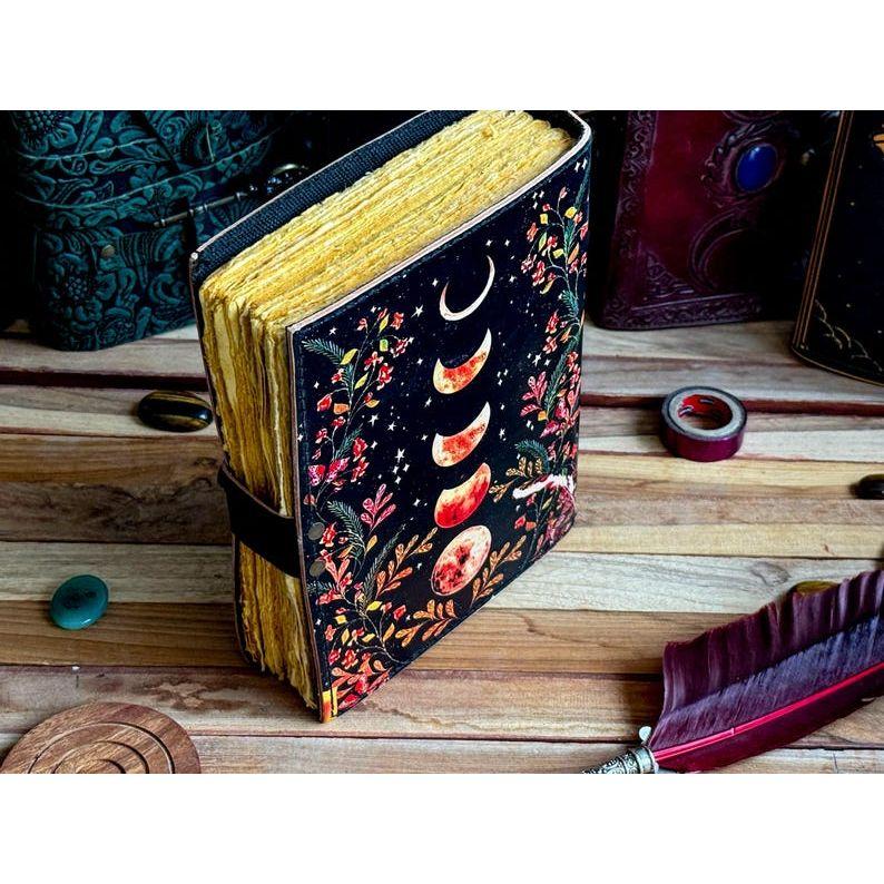 Moon Phase Vintage Leather Journal for Men & Women 200 Pages of Antique Handmade Deckle Edge Paper, Leather Sketchbook, Christmas Gift