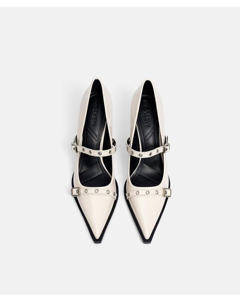 

Модная женская обувь с низким верхом 2025 Весна и Лето Модный дизайн с пряжкой на одной линии Острый носок Сексуальный стиль С мелким вырезом Высокие каблуки 35 грязно-белый