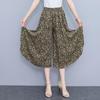 Women's Floral Cotton Silk Wide-Leg Skirt Pants - Summer Casual Elastic Waist, Plus Size, Lightweight Seven-Point Length.