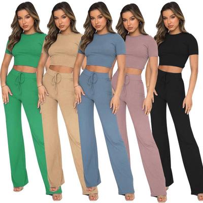 European and American Women's Fashion: Solid Color High-Elastic Shaping Rib-Knit Short-Sleeve Top & Wide-Leg Pants Two-Piece Set.