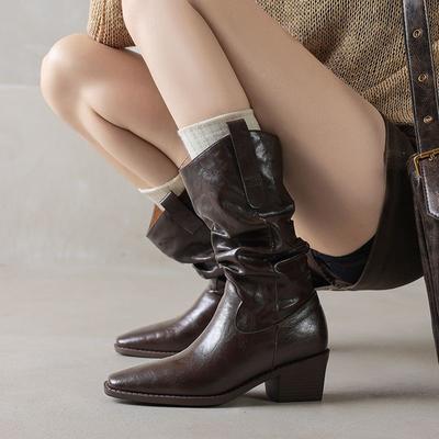 Retro Braune PU Western Cowboy Stiefel Damen 2025 Winter Sexy Spitzzehe Dicker Absatz Schwarze Stiefeletten Designer Y2K Schuhe Übergröße