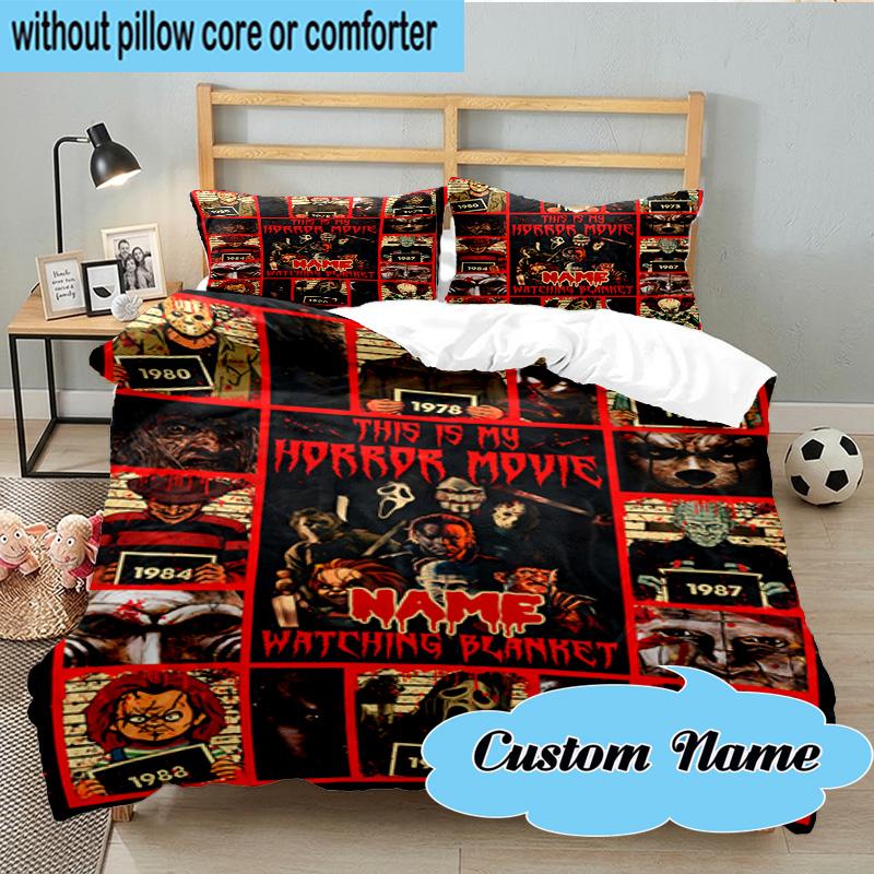 Custom Name 3PCS Orror Characters Collage Bedding Set, Including 1pc Duvet Cover And 2pcs Pillowcases, Suitable for Dorms and Bedrooms Gift